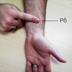 A photo showing where acupressure point P6 is located. 